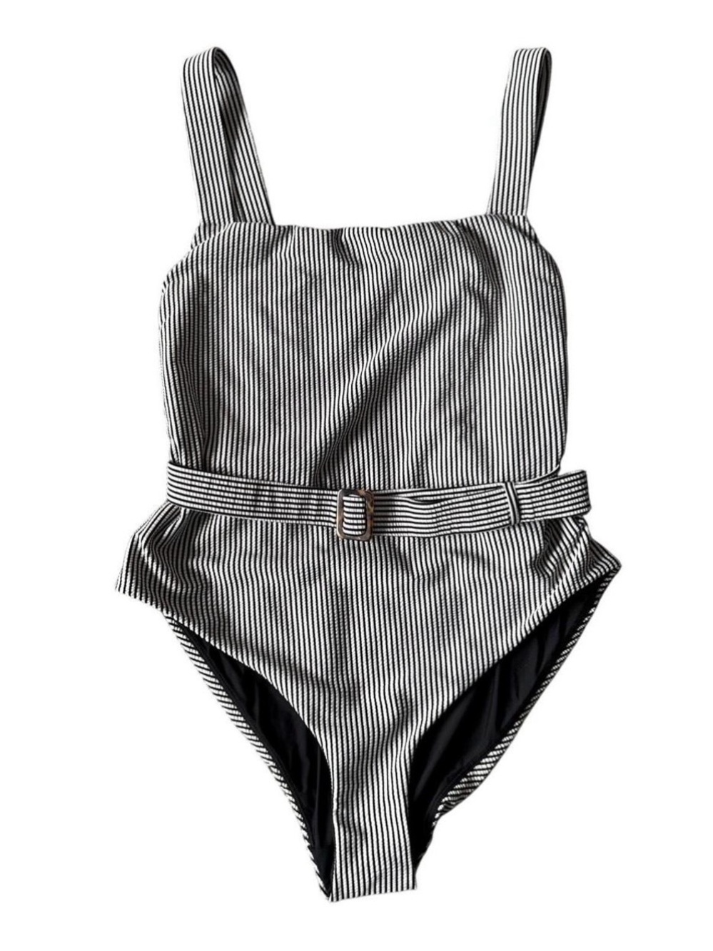 Black & White Striped Belted One-Piece Swimsuit